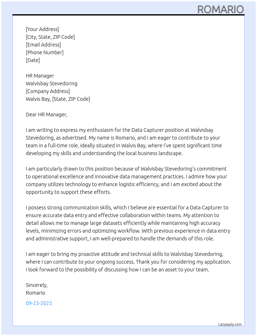 Data Capturer At Walvisbay Stevedoring Cover Letter