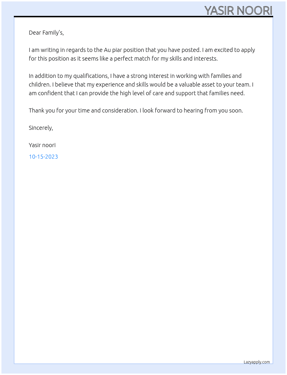 Au piar At  Family's Cover Letter