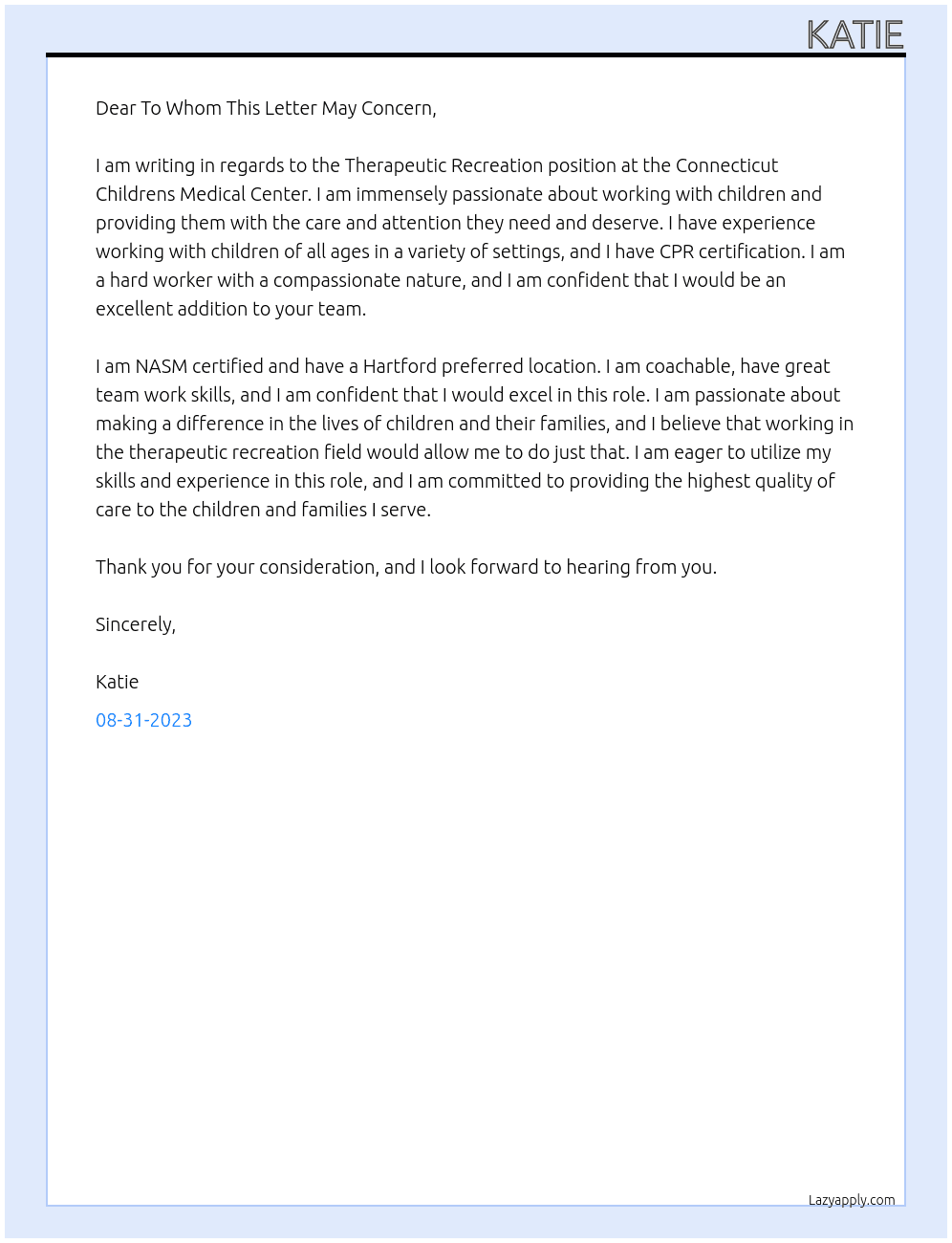 Theraputic recreation At Connecticut Childrens Medical Center Cover Letter