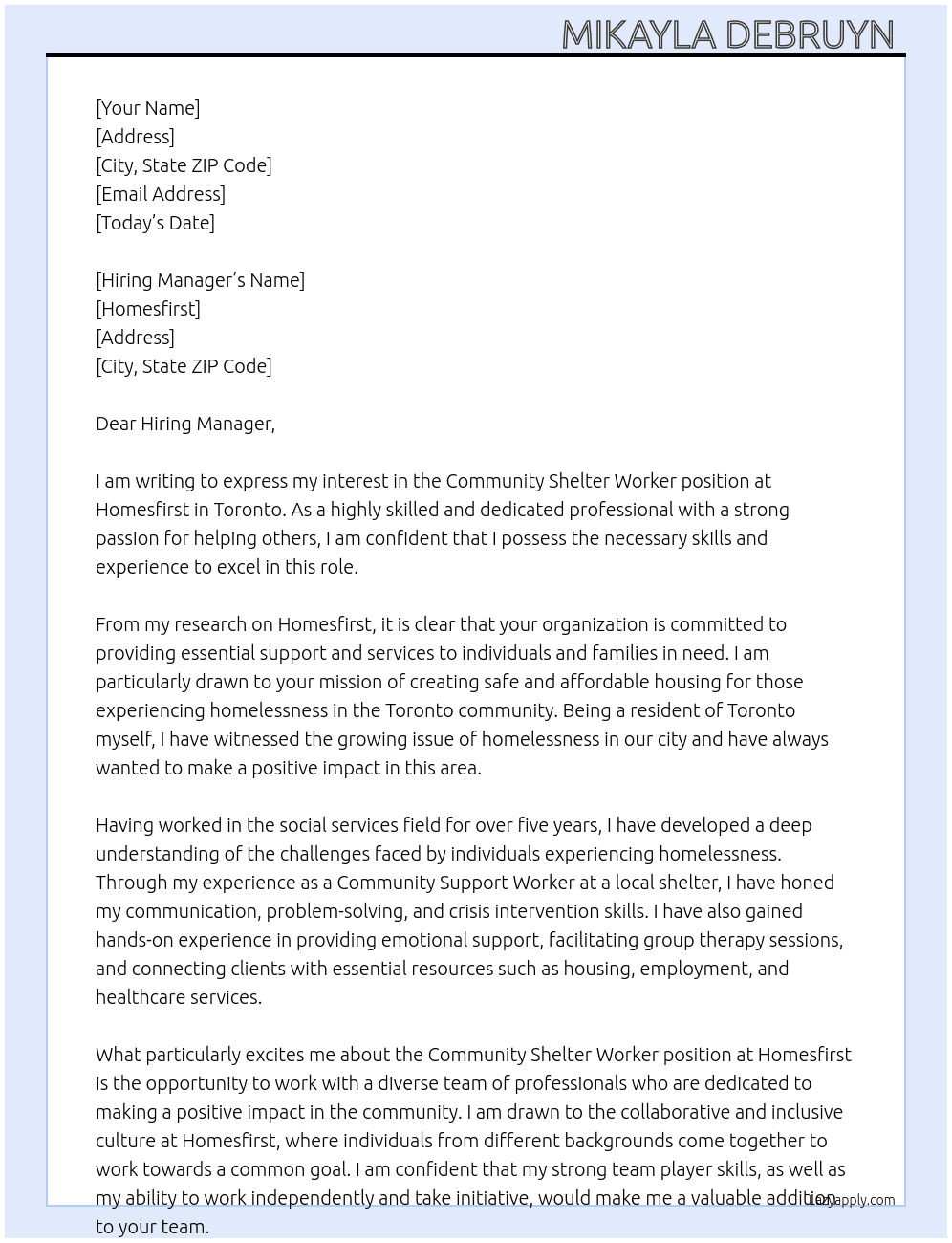 Community shelter worker At Homesfirst Cover Letter