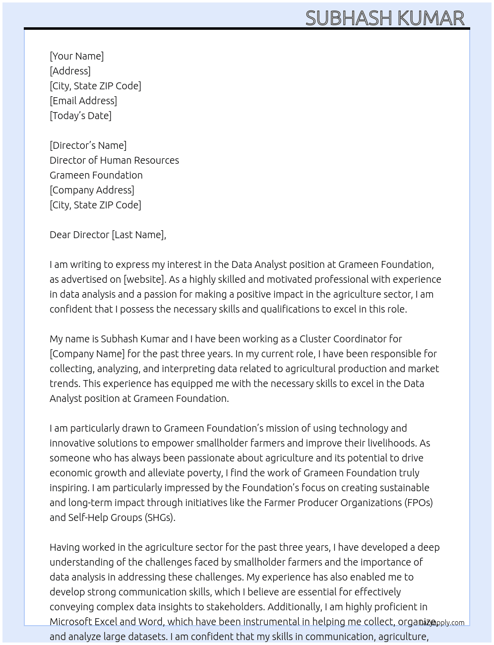 Data Analyst  At Grameen foundation  Cover Letter