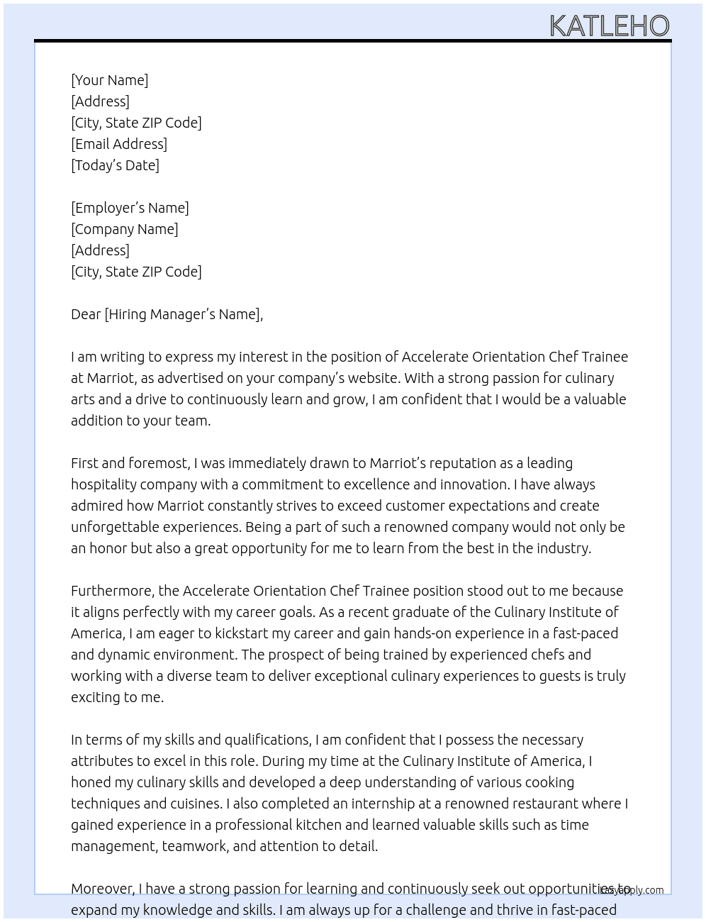 Accelerate orientation chef trainee At Marriot  Cover Letter