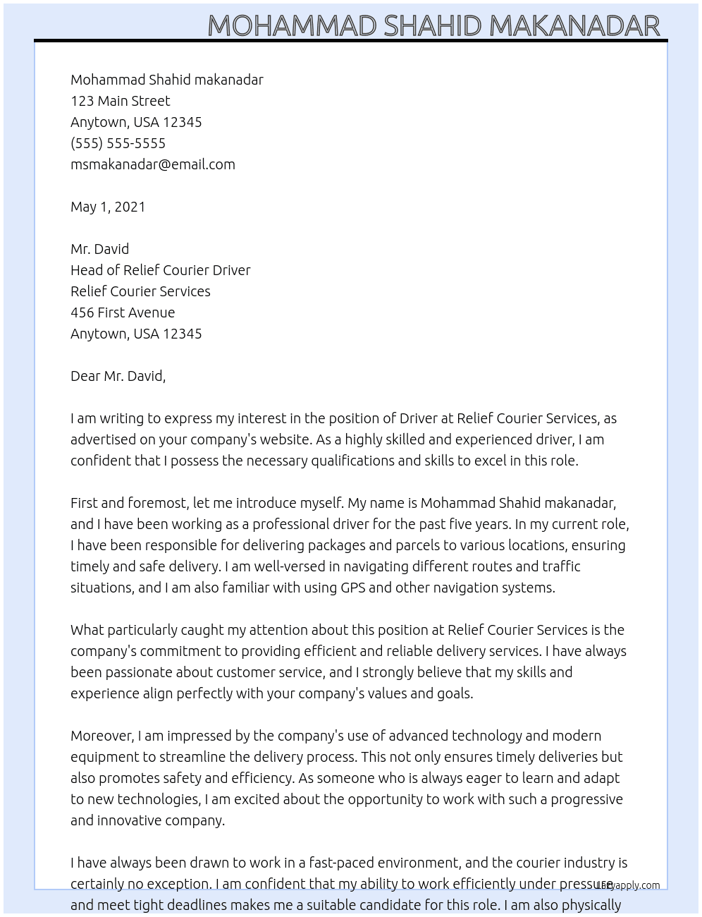 Driver  At Relief courier driver  Cover Letter