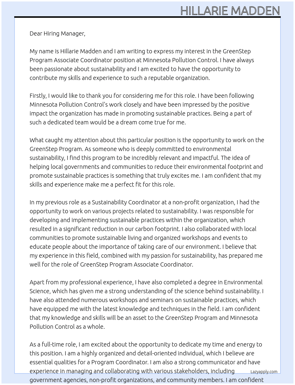 GreenStep Program Associate Coordinator At Minnesota Pollution Control  Cover Letter