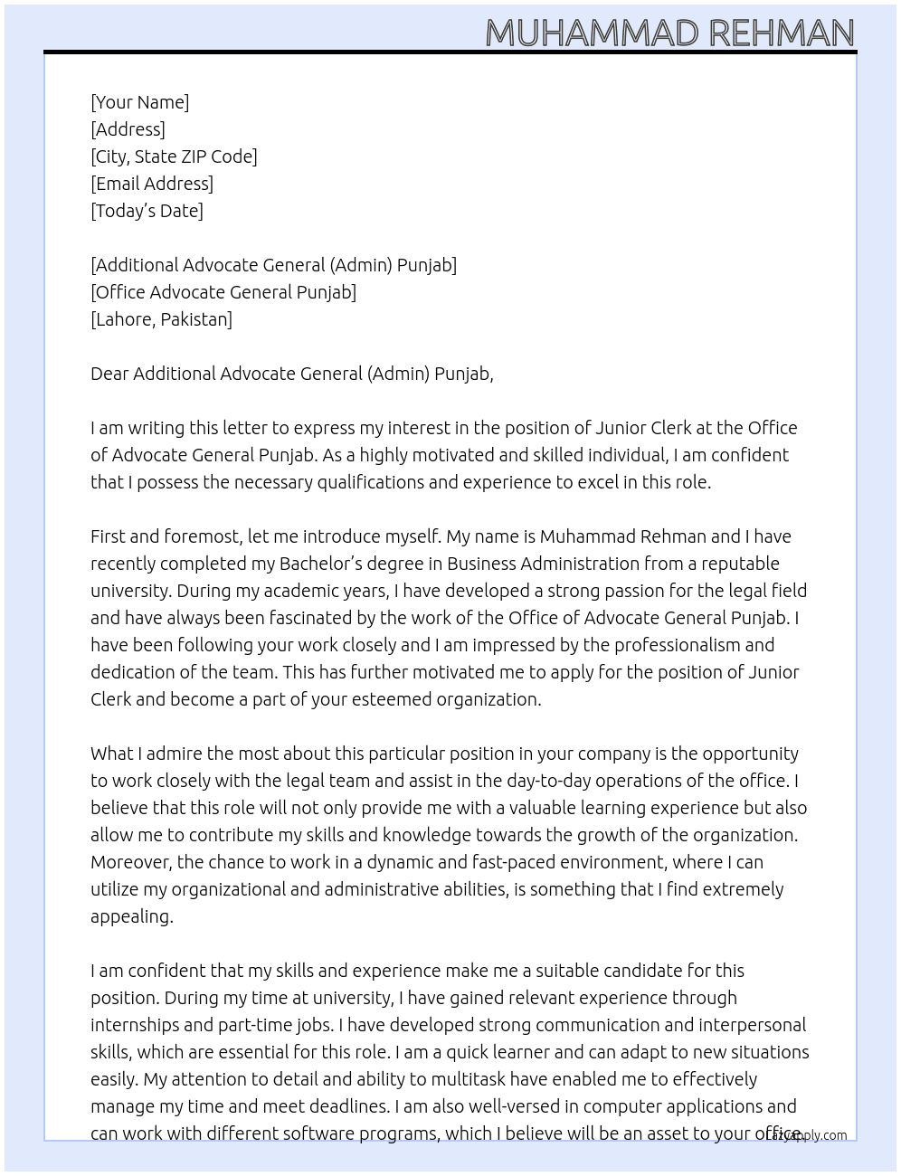 Junior Clerk At Office Advocate General Punjab Cover Letter