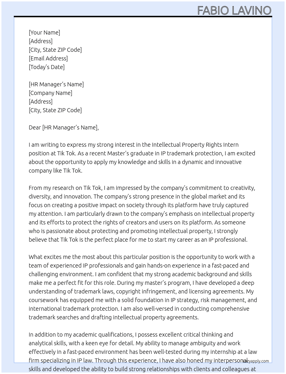Intellectual Property Rights Intern At Tik Tok Cover Letter