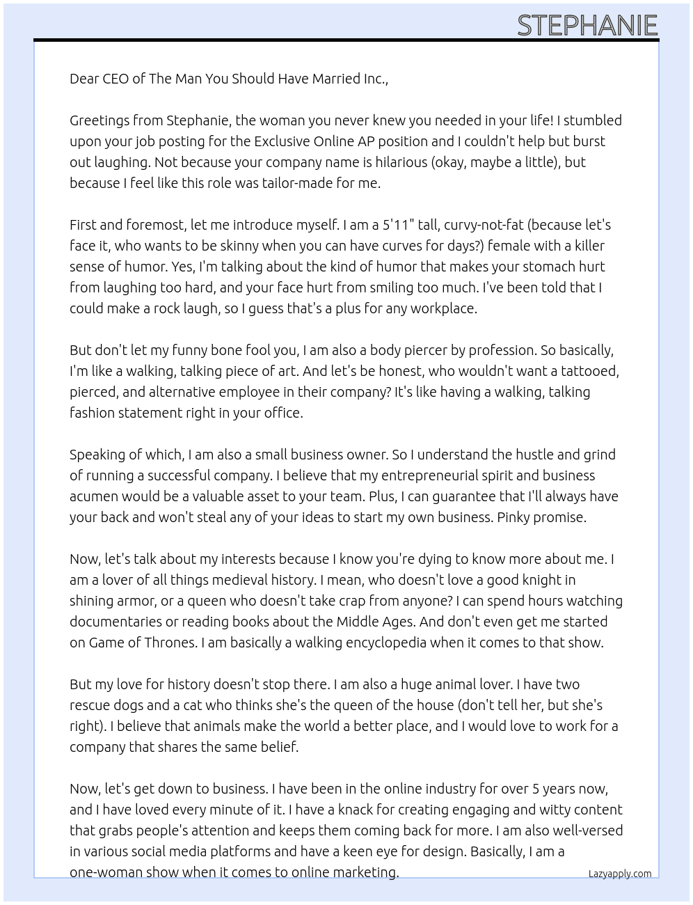 Exclusive Online AP At The Man You Should Have Married Inc. Cover Letter