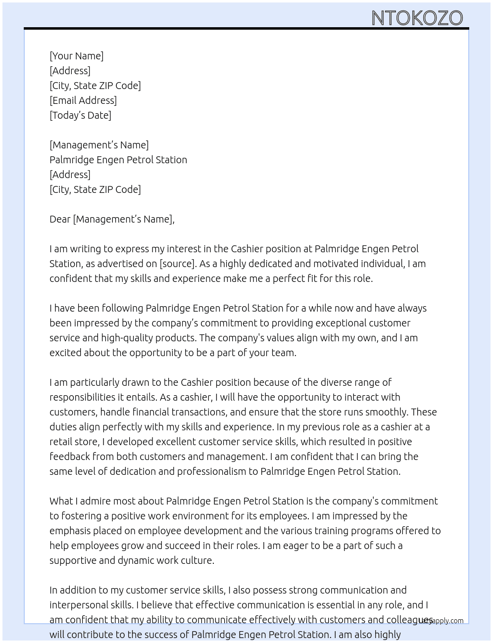 Cashier At Palmridge Engen petrol station  Cover Letter