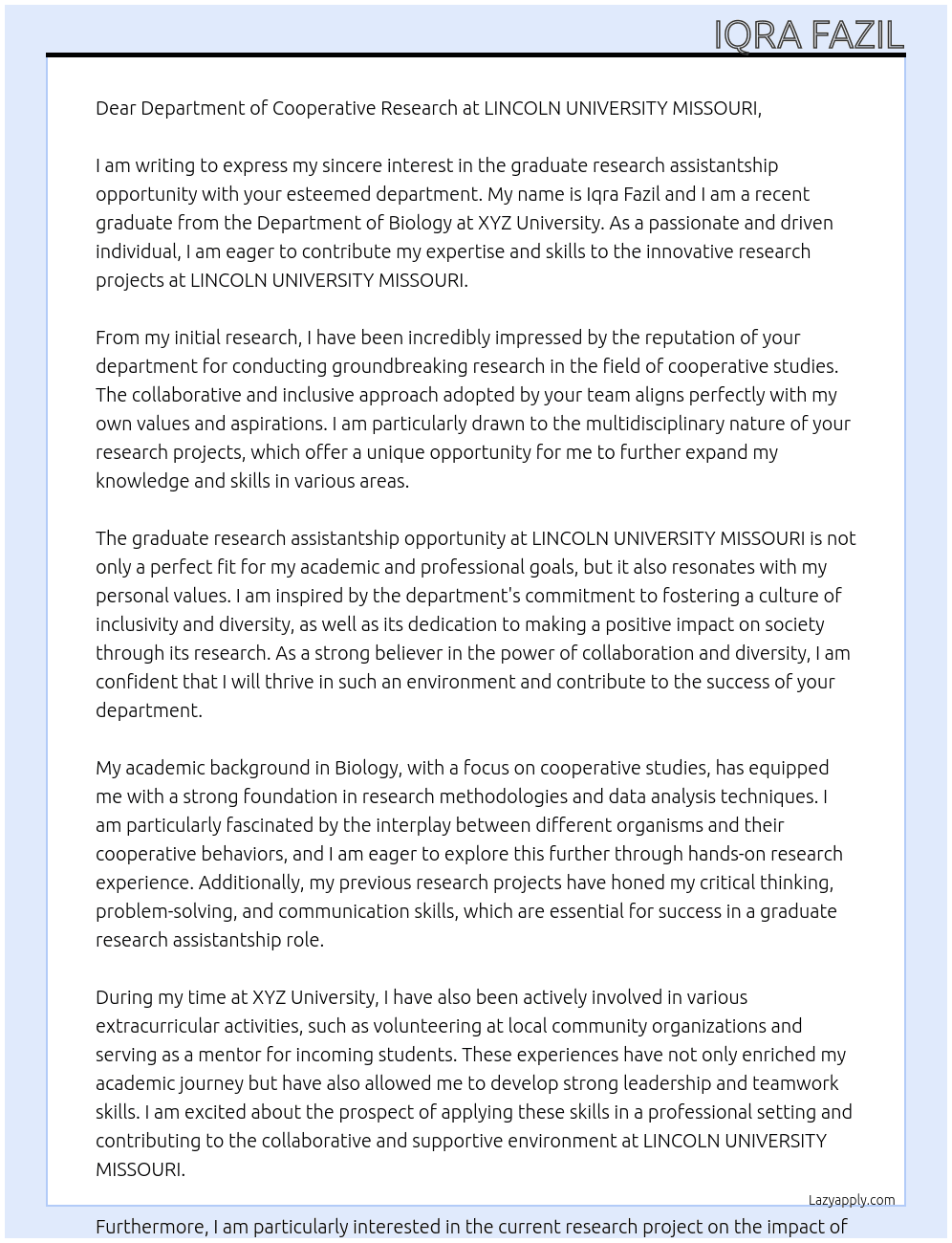 graduate research assistantship opportunity At LINCOLIN UNIVERSITY MISSOURI Cover Letter