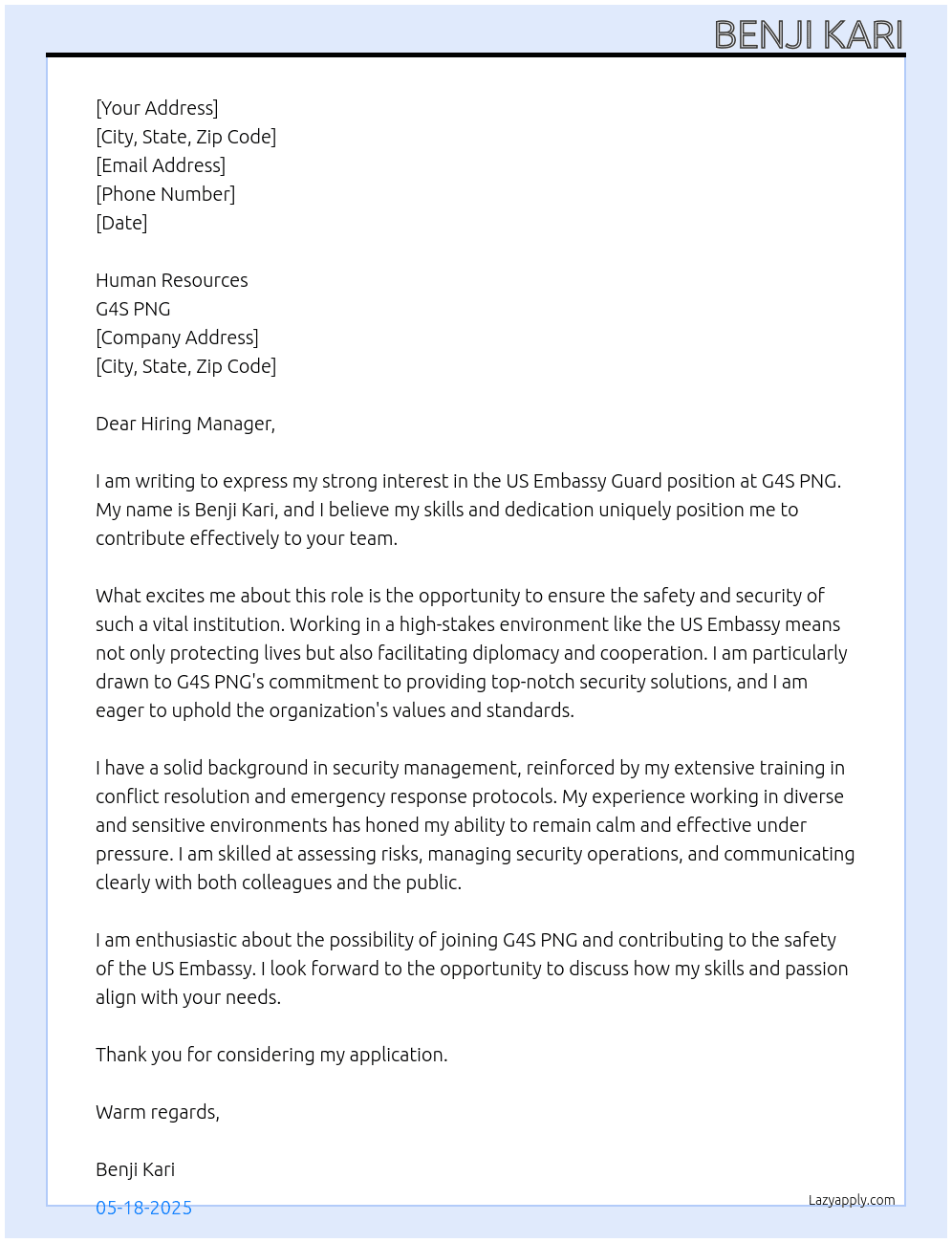 US Embassy Guard  At G4S PNG  Cover Letter