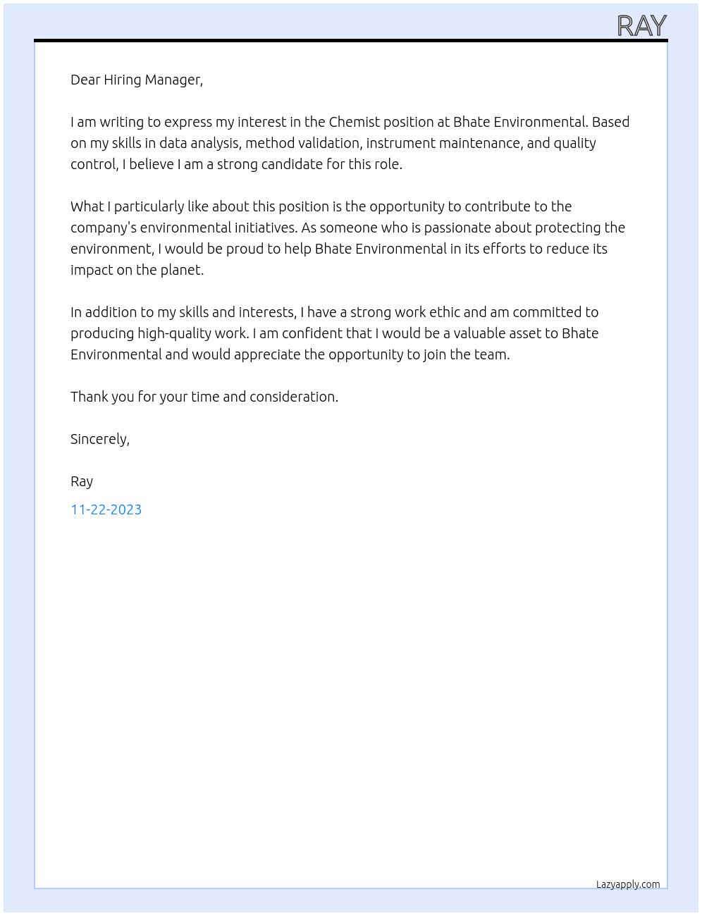 Chemist At Bhate Environmental Cover Letter