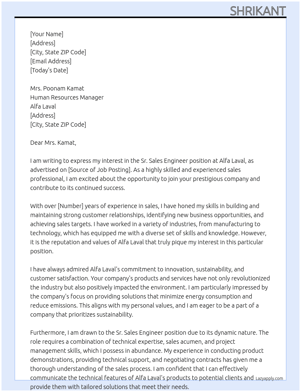 Sr. Sales Engineer At Alfa Laval Cover Letter