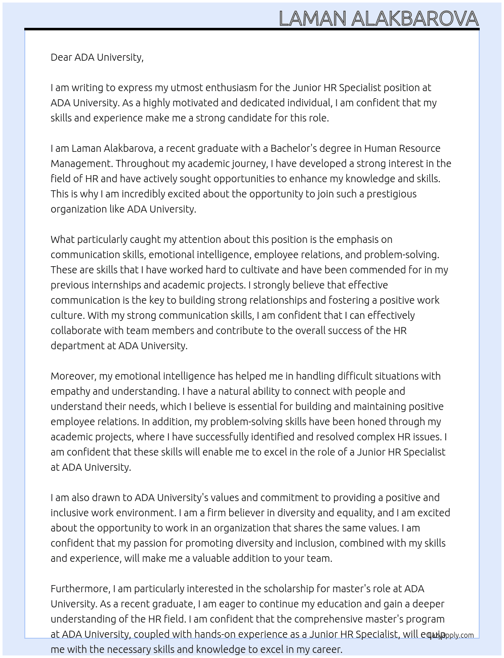 Junior HR Specialist At ADA Unibversity Cover Letter