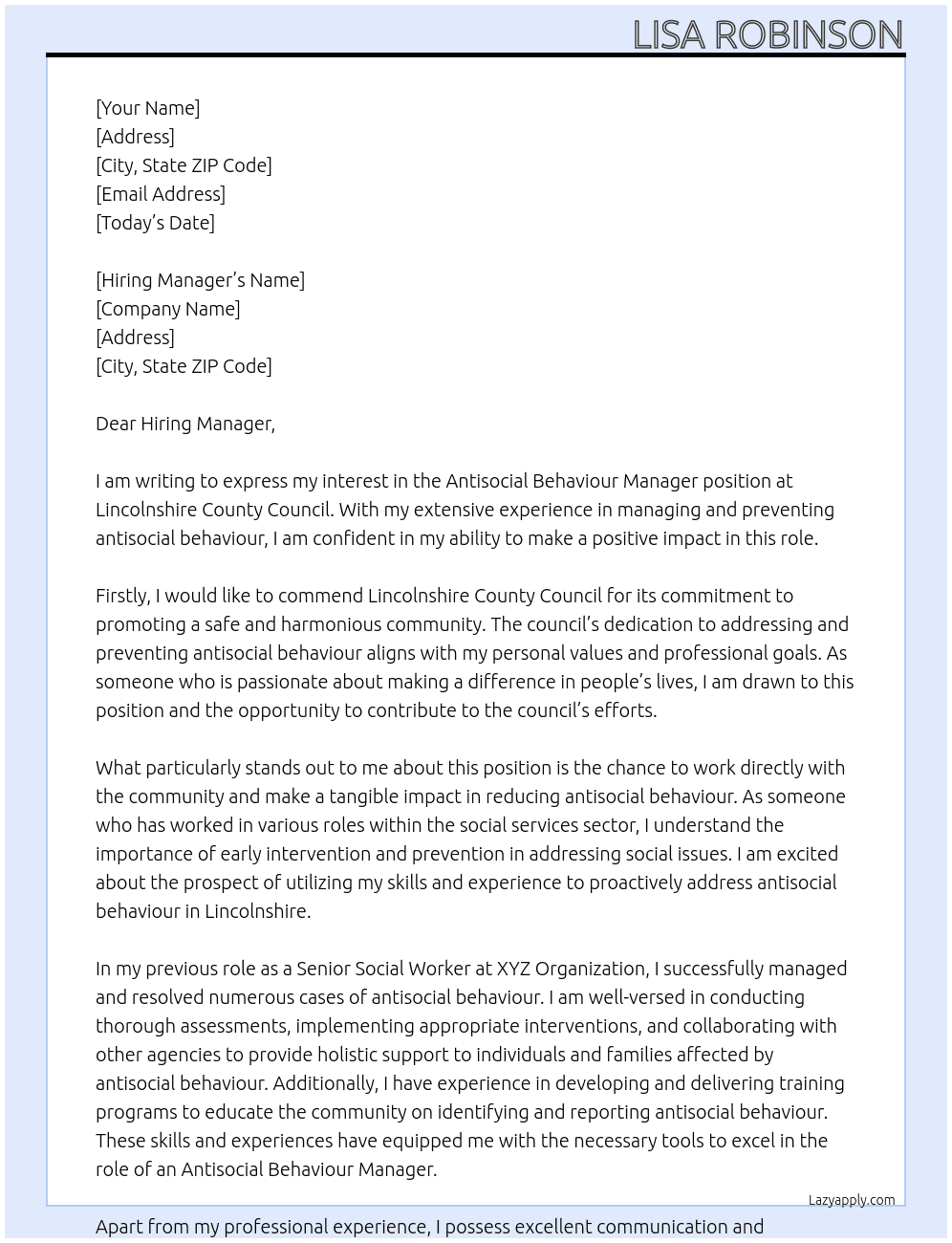 antisocial behaviour manager At Lincolnshire county council Cover Letter