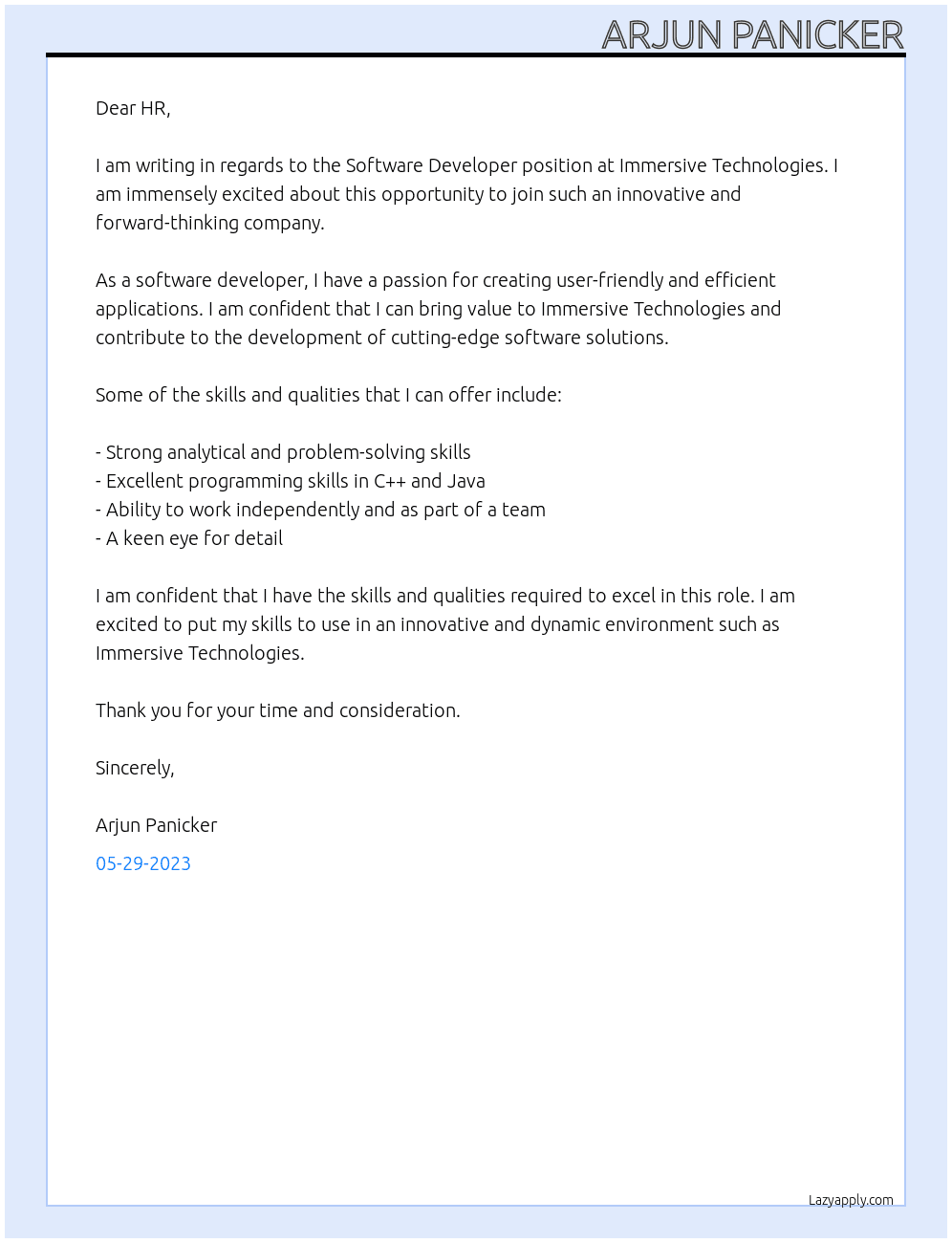 Software Developer At Immersive Technologies Cover Letter