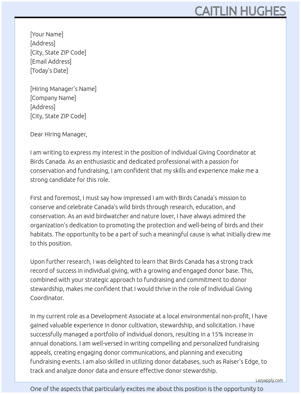 Individual Giving Coordinator At Birds Canada  Cover Letter