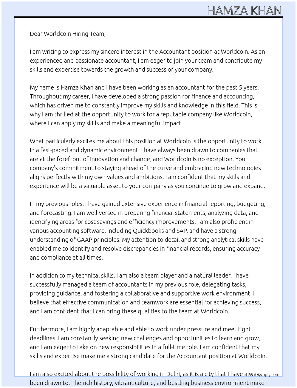 Accountant At Worldcoin Cover Letter