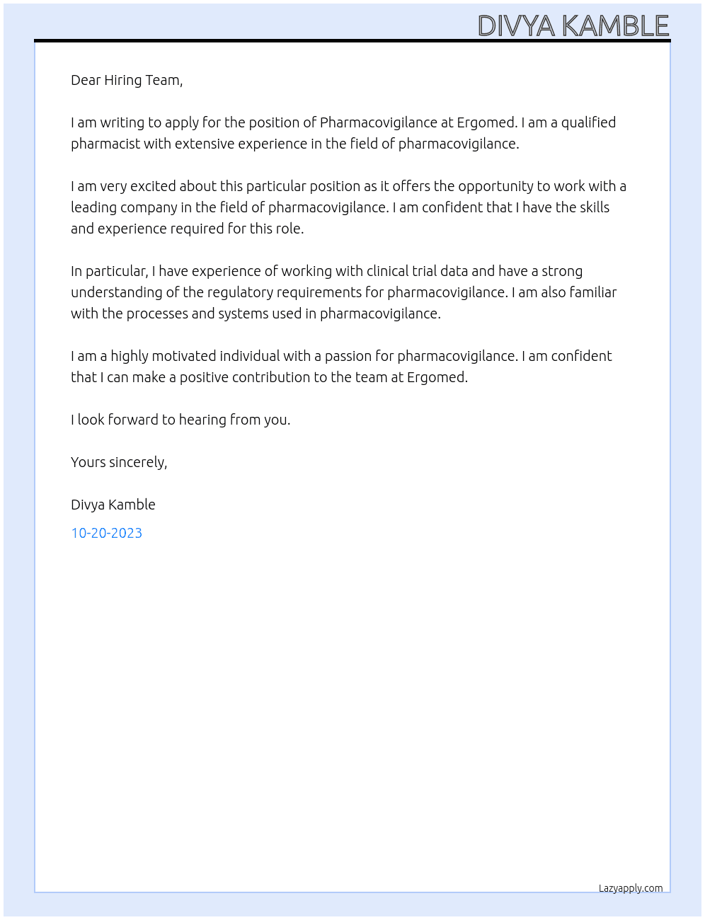 PHARMACOVIGILANCE At ERGOMED Cover Letter