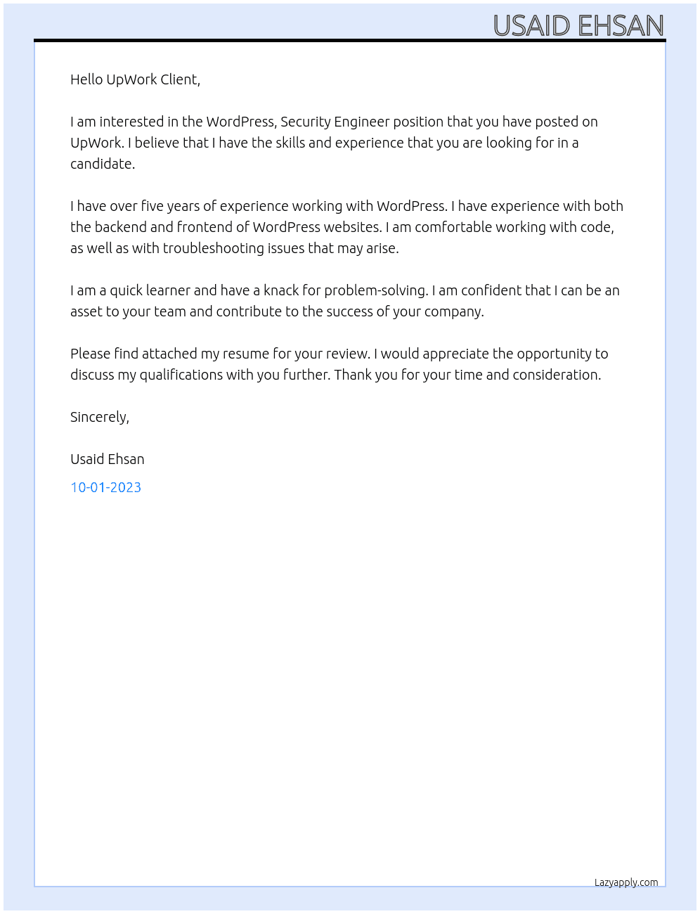 WordPress, Security Engineer At WordPress Cover Letter