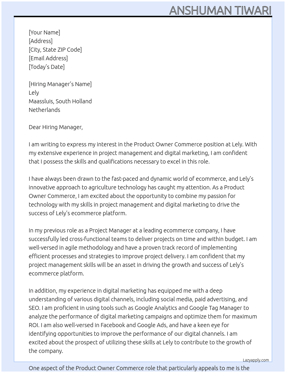 Product Owner Commerce At Lely · Maassluis, South Holland, Netherlands Cover Letter