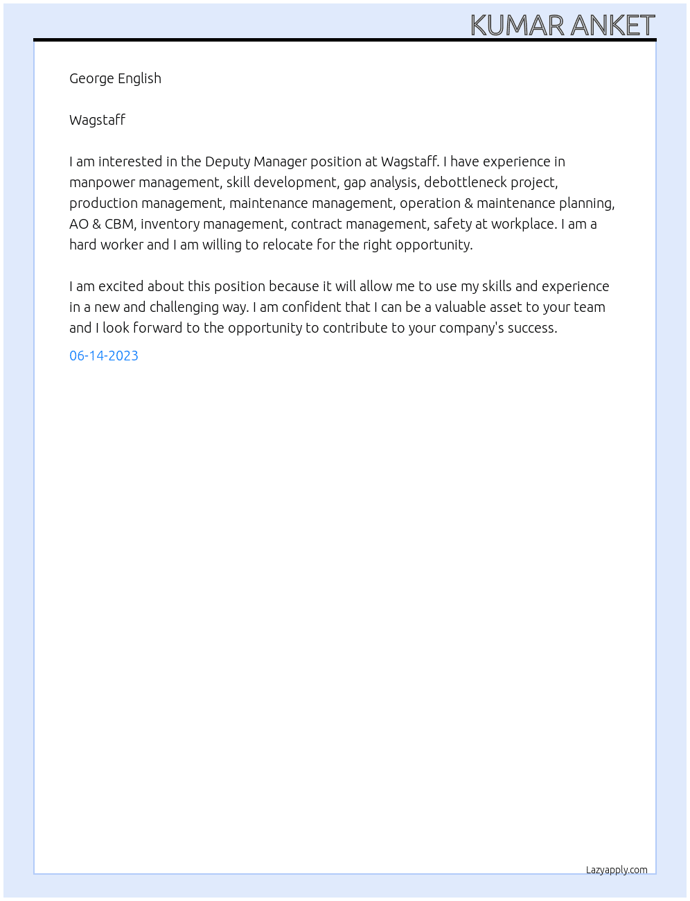 Deputy Manager At Wagstaff Cover Letter