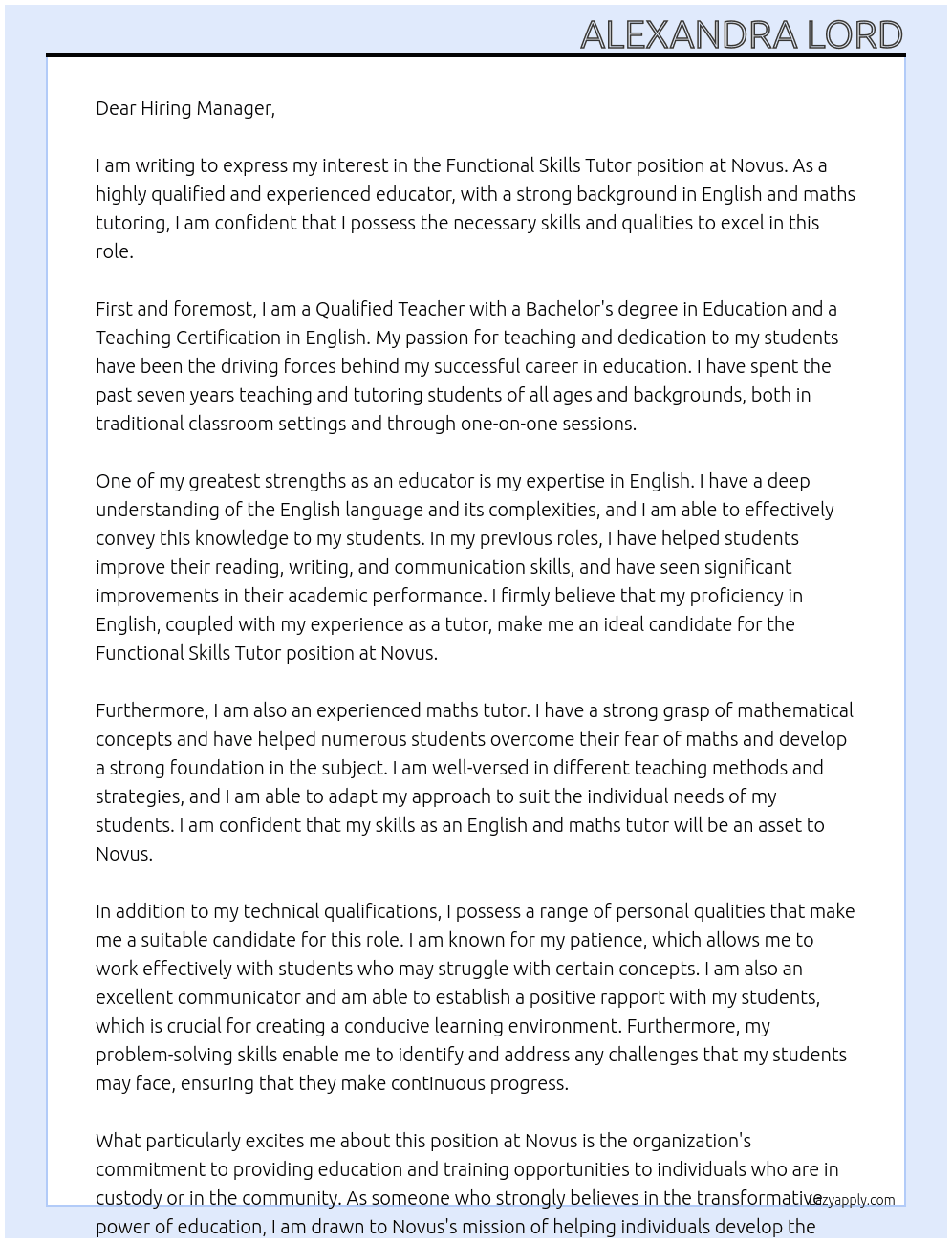 Functional skills tutor At Novus  Cover Letter