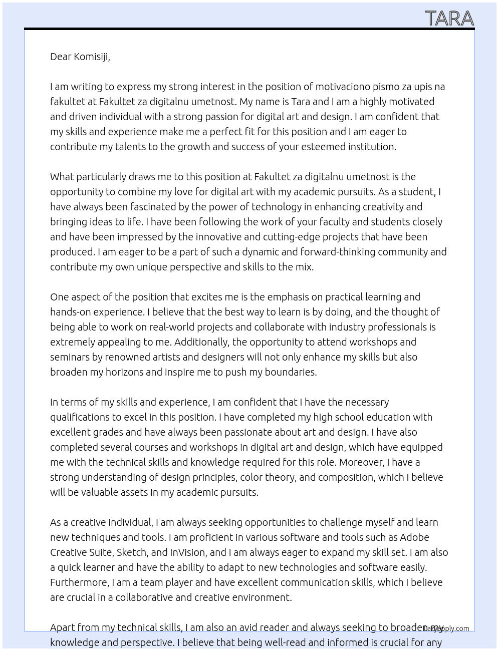motivaciono pismo za upis na fakultet At Fakultet za digitalnu umetnost Cover Letter