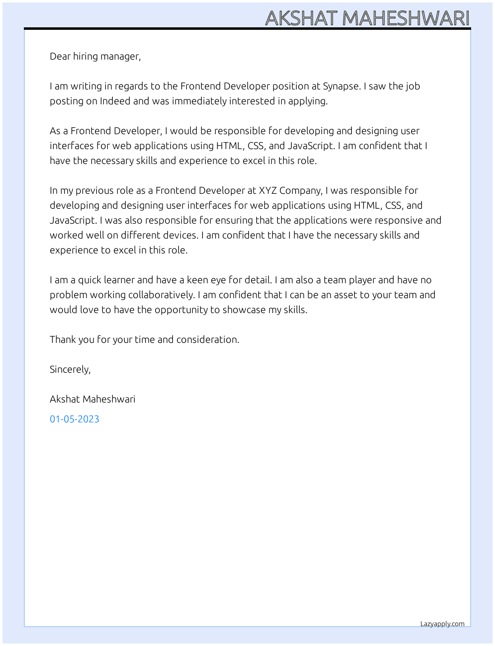 Frontend Developer At Synapse Cover Letter
