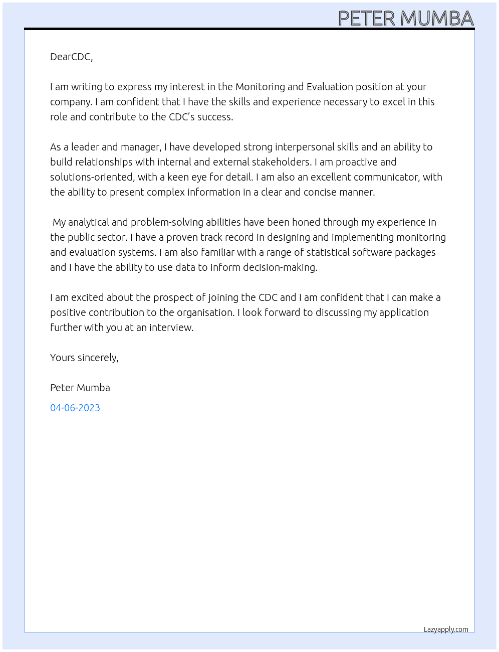 Monitoring and Evaluation  At cdc Cover Letter