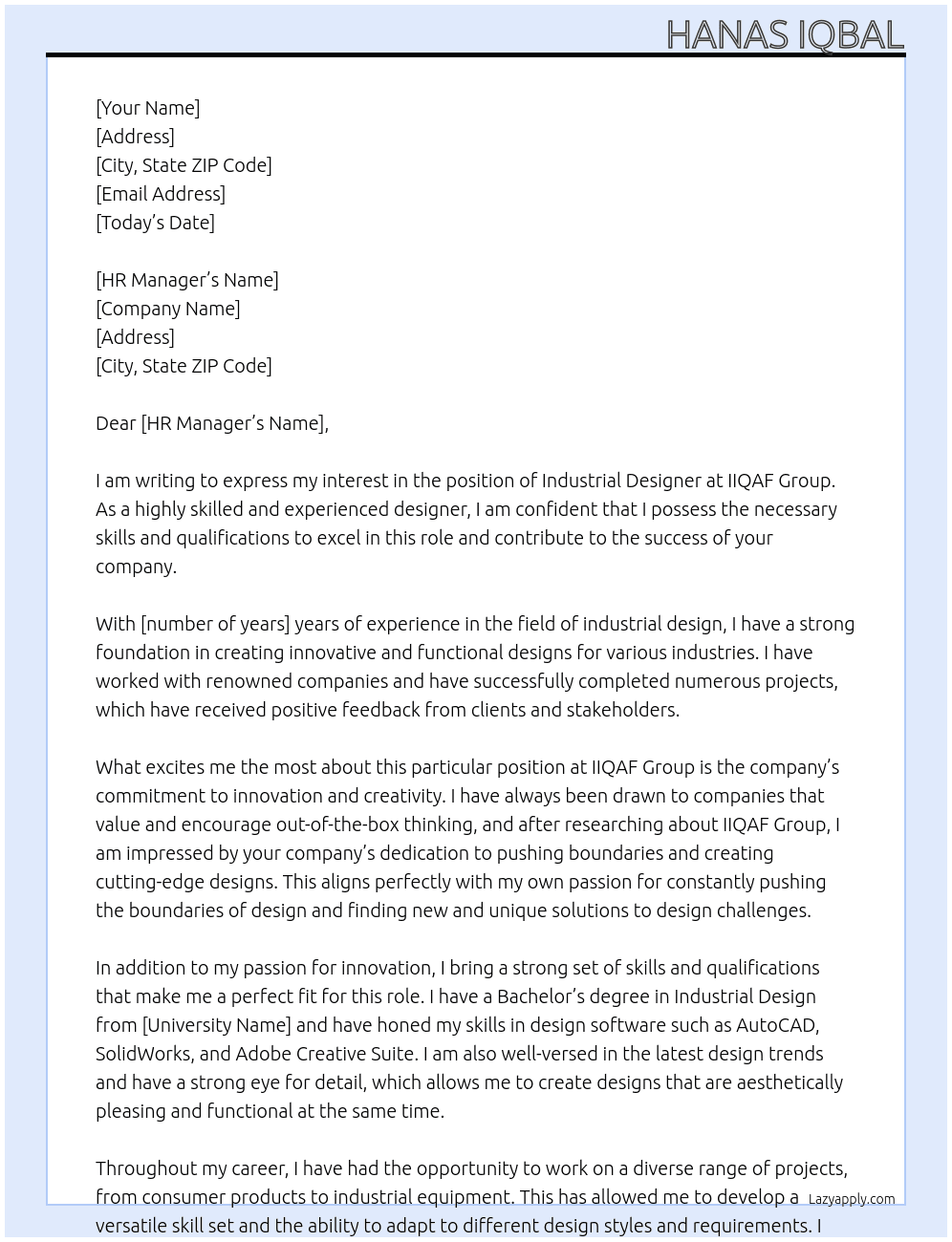 Industrial Designer At IIQAF Group Cover Letter