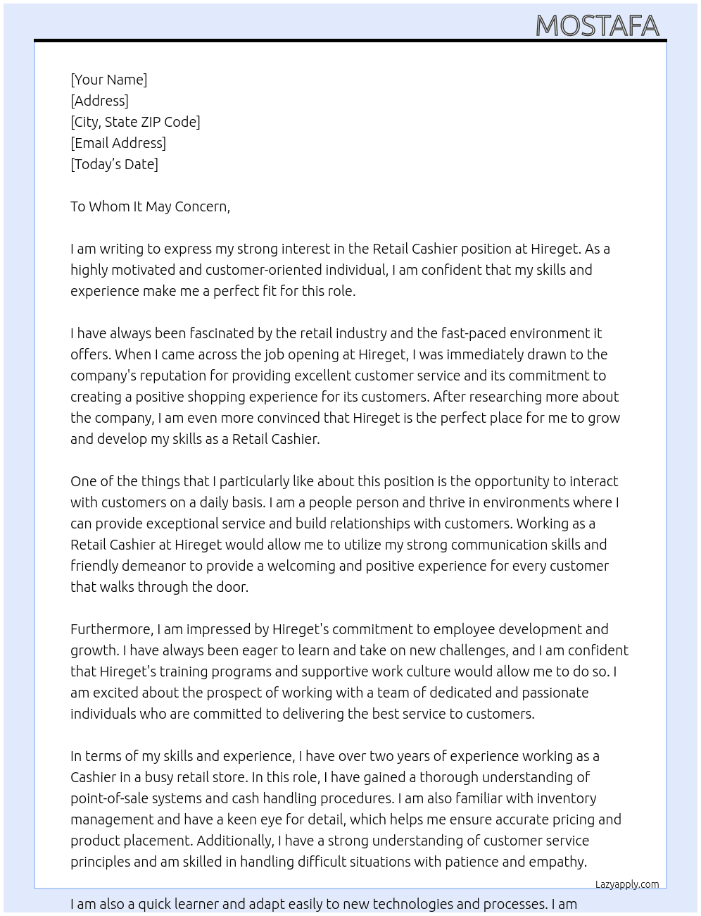  Retail Cashier  At Hireget Cover Letter