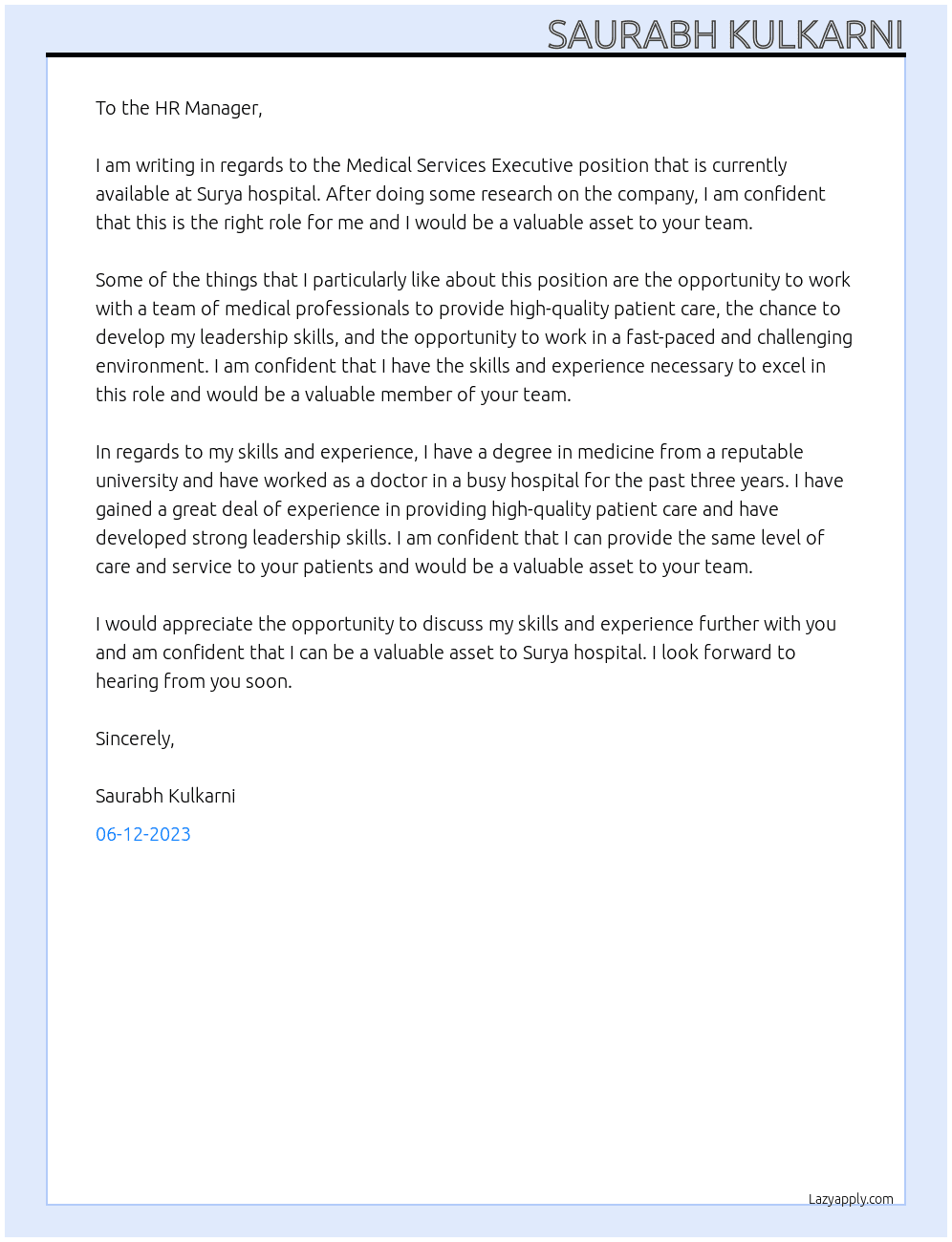 Medical Services Executive At Surya hospital Cover Letter