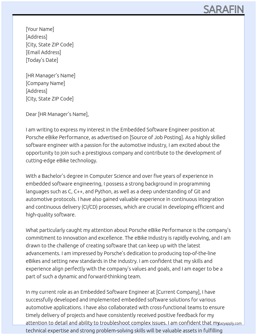Embedded software engineer At Porsche eBike Performance Cover Letter