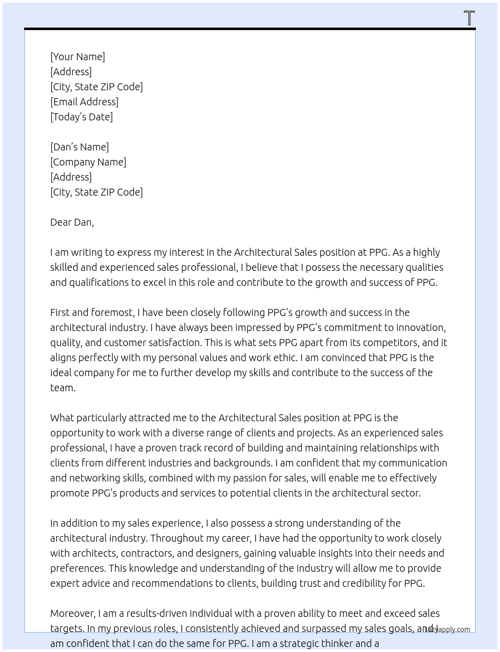 Architectural Sales At PPG Cover Letter