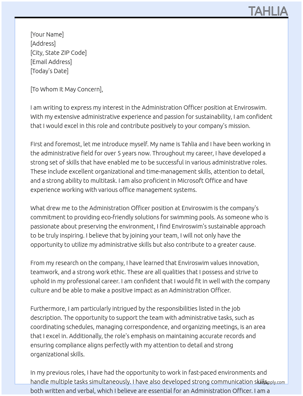 Administration Officer At Enviroswim Cover Letter