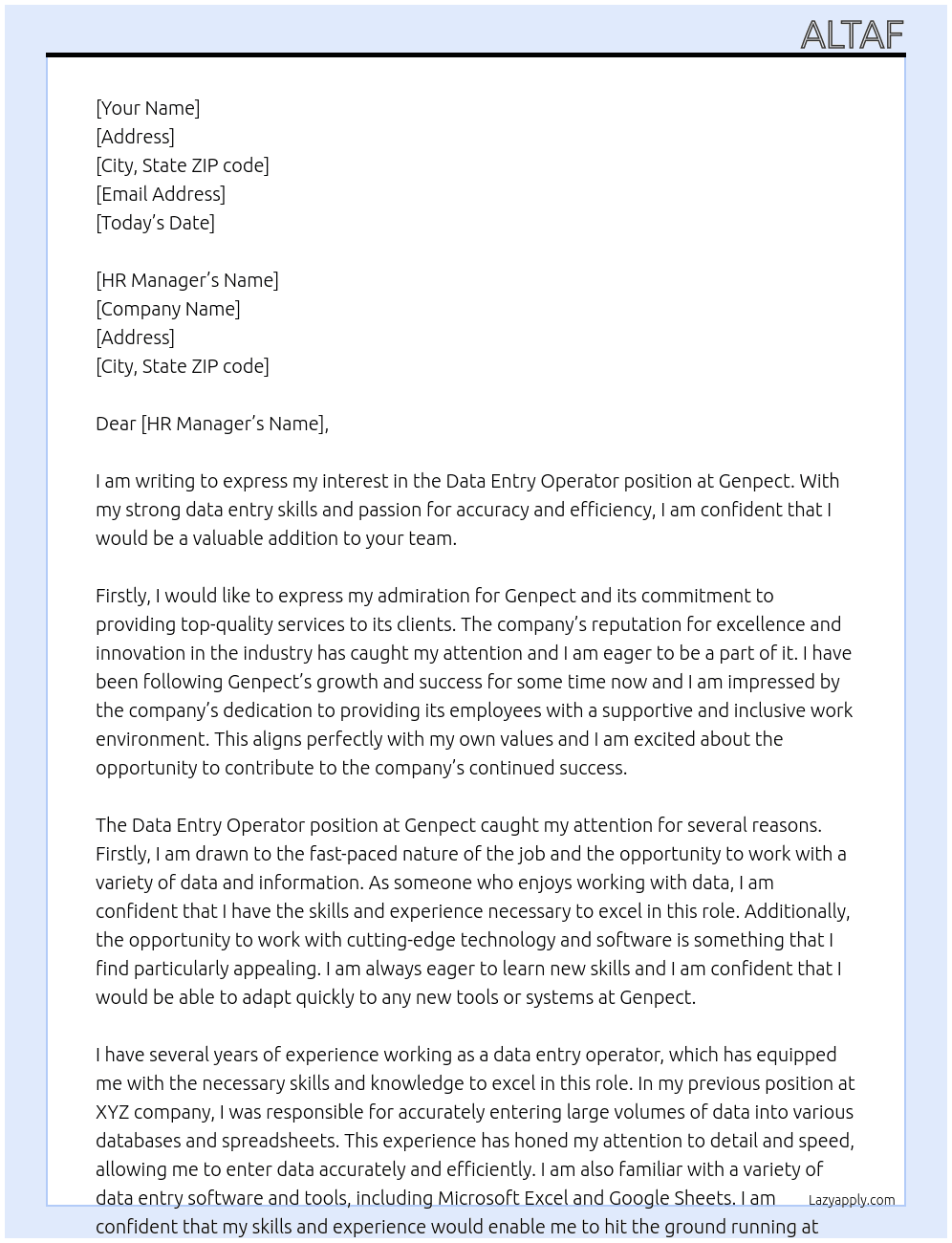 Data entry operator At Genpect Cover Letter