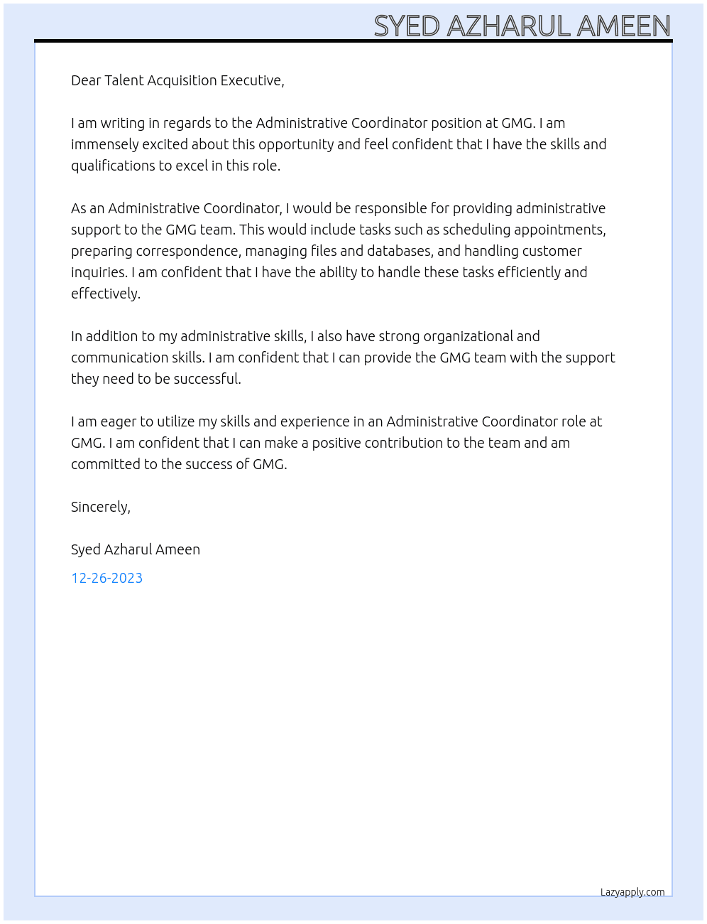 Administrative Coordinator At GMG Cover Letter