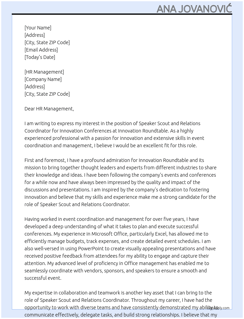 Speaker Scout and Relations Coordinator for Innovation Conferences At Innovation Roundtable Cover Letter