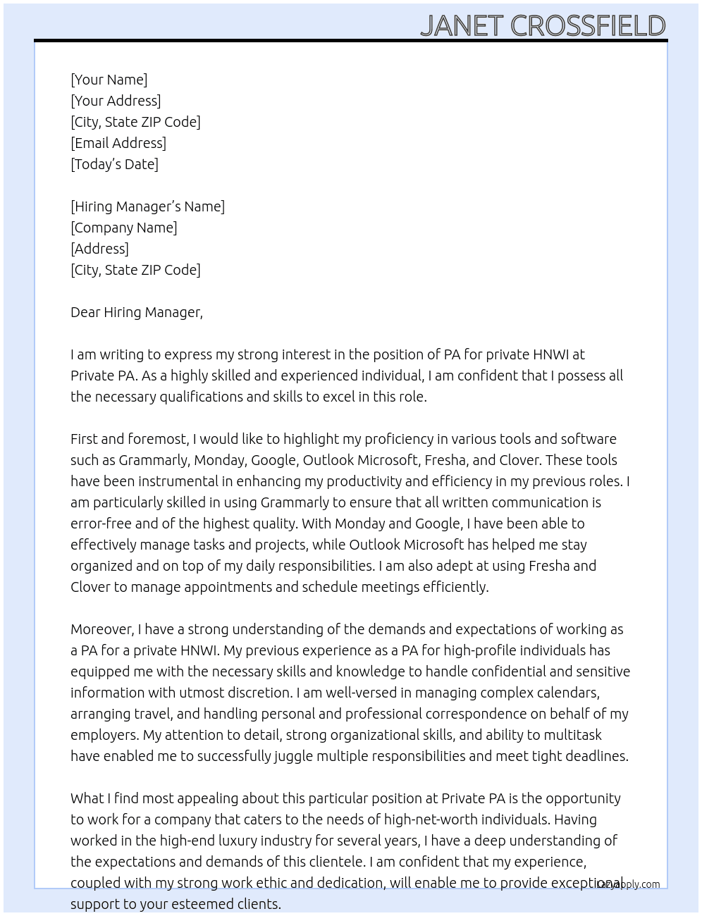 PA for private hnwi At Private PA Cover Letter