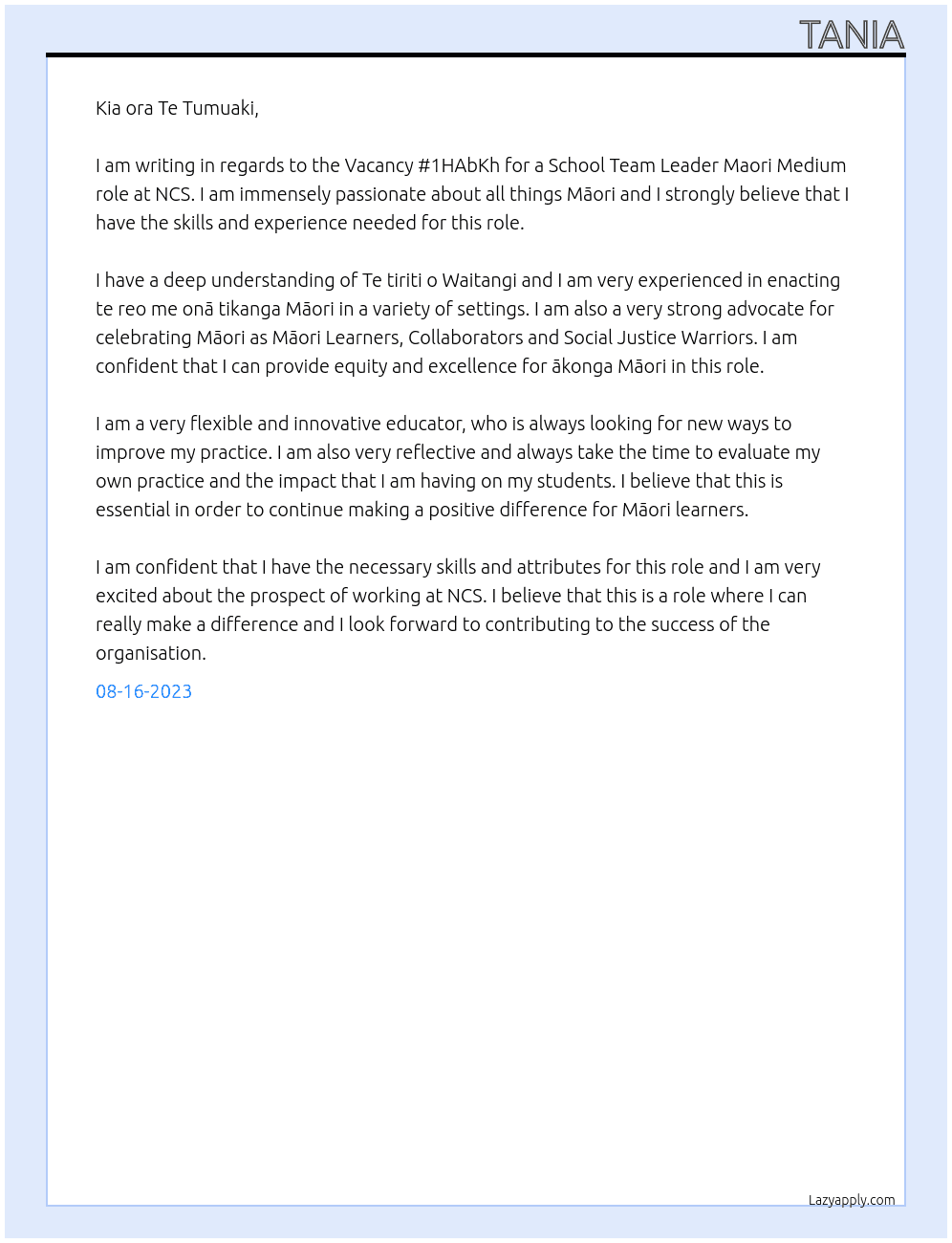 Vacancy #1HAbKh: School Team Leader Maori Mediua At NCS Cover Letter