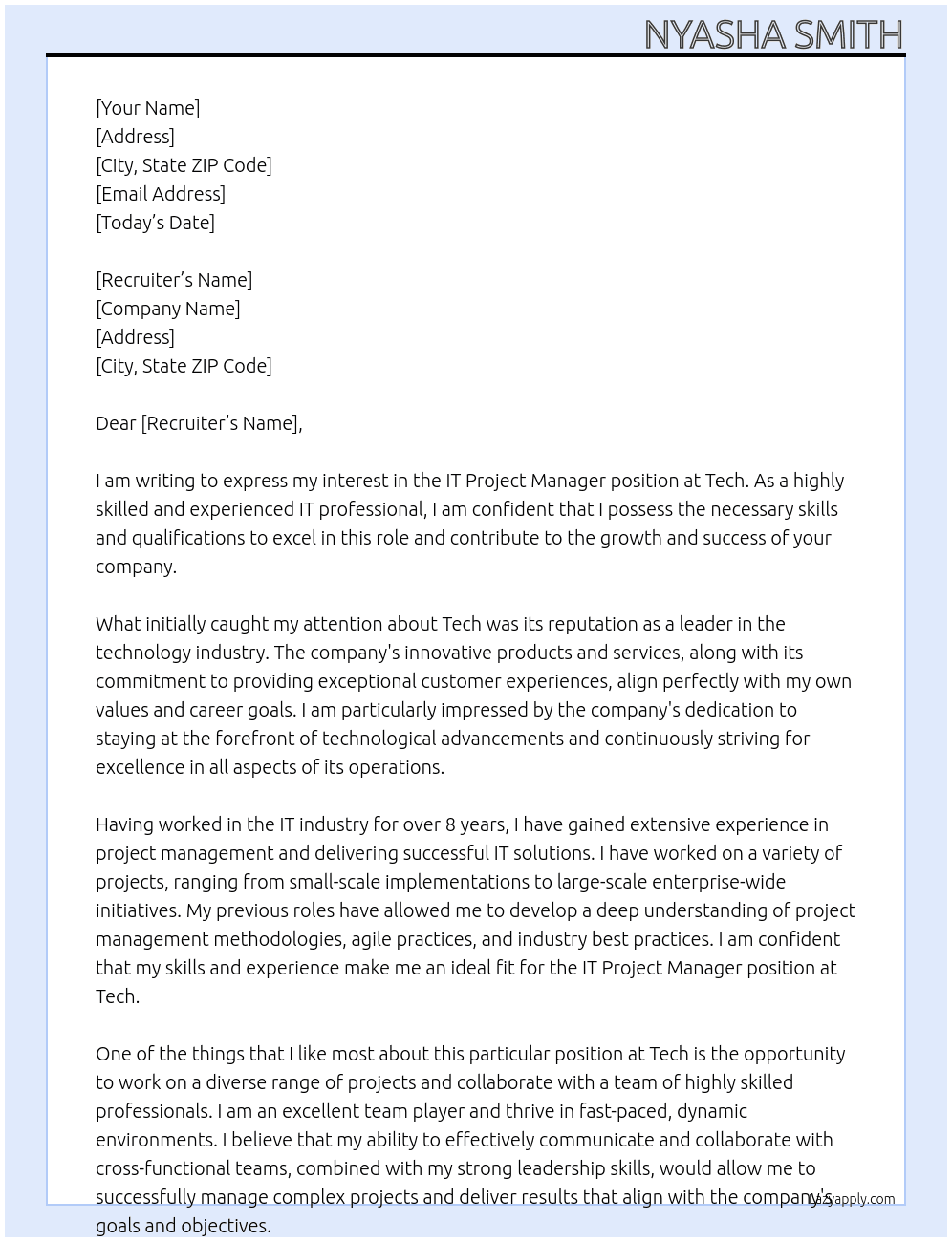IT Project Manager At Tech Cover Letter