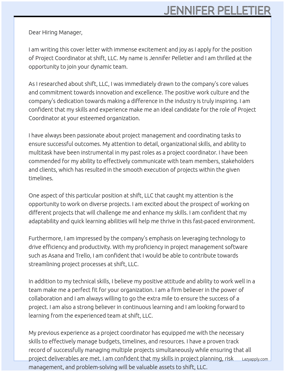 Project Coordinator At shift,LLC Cover Letter