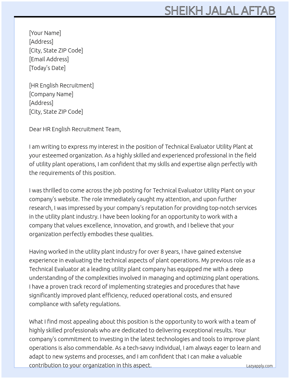 Technical Evaluator utility plant At English Recruitment Team Cover Letter