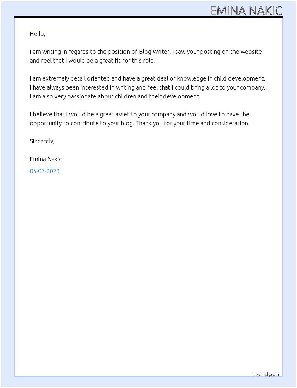 Blog Writer At N/A Cover Letter