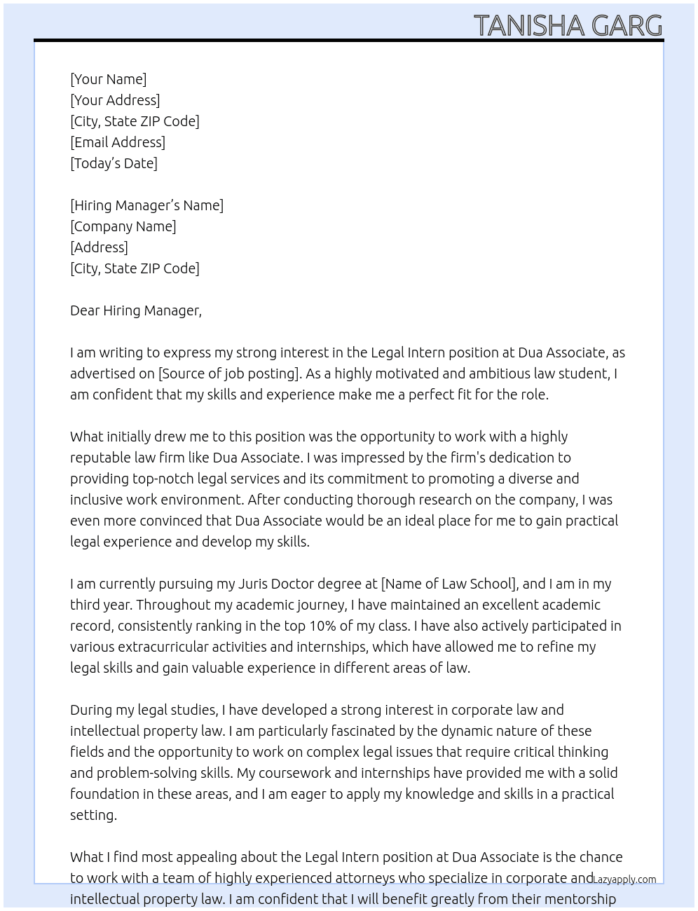 Legal Intern At Dua Associate Cover Letter