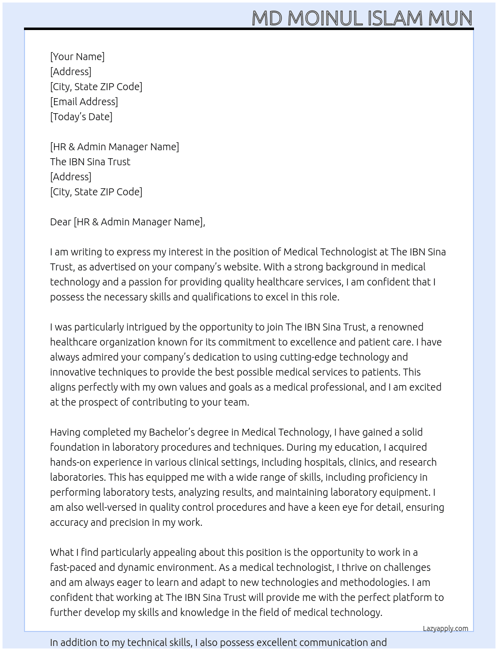 Medical Technologist At The IBN Sina trust  Cover Letter