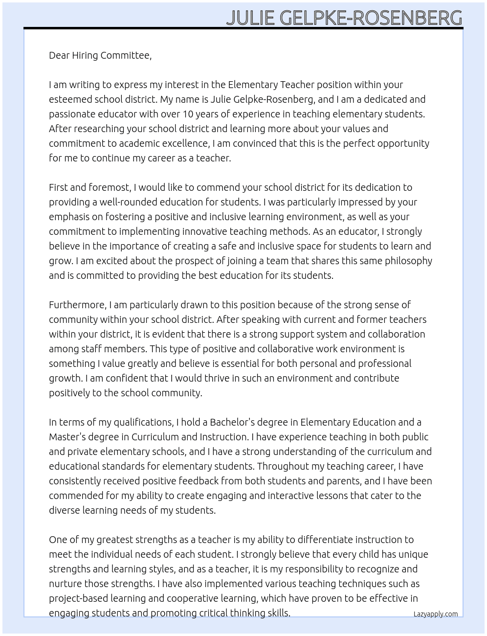 Elementary Teacher At school district Cover Letter