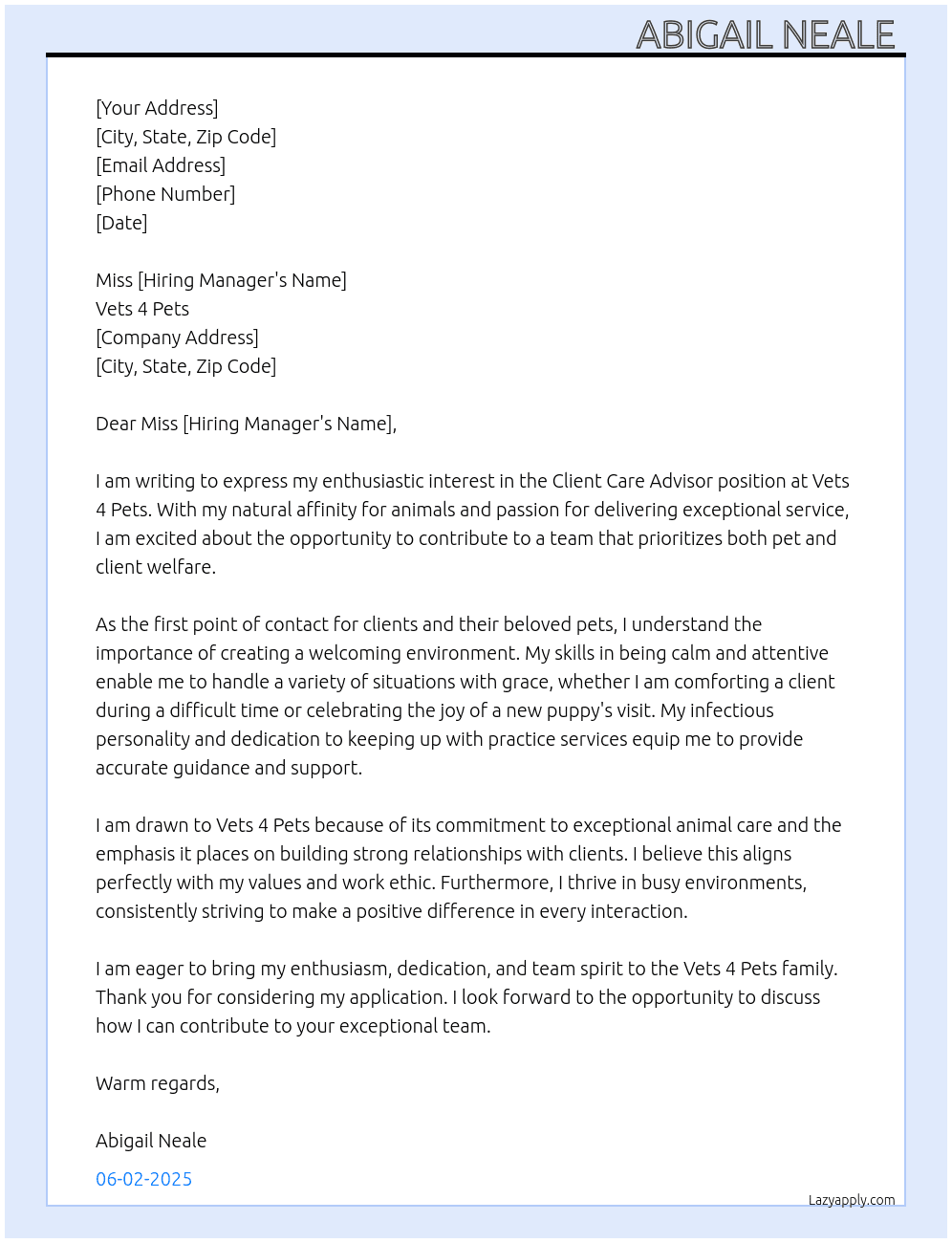 Client care advisor  At Vets 4 Pets  Cover Letter