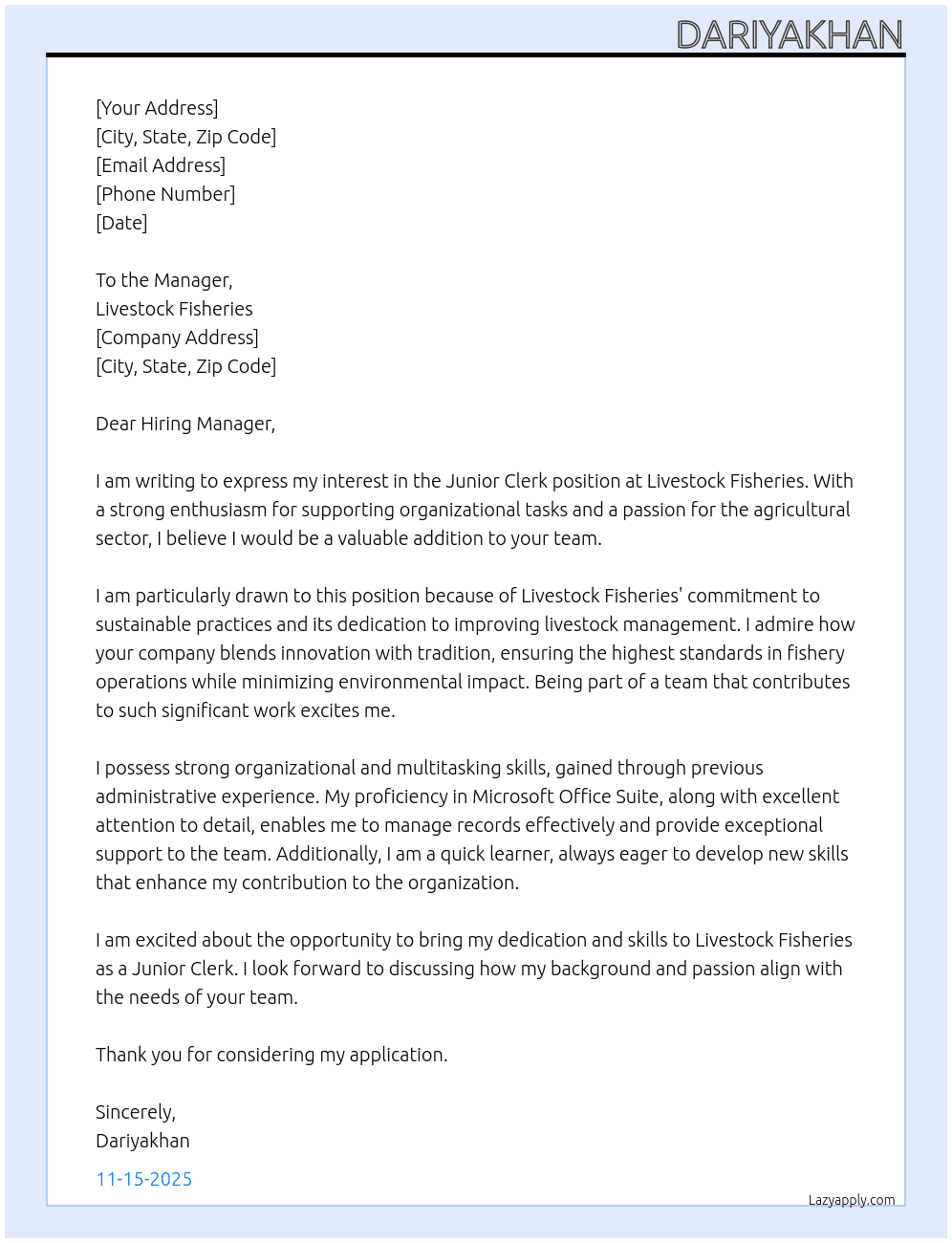 Junior clerk At Livestock fishries Cover Letter