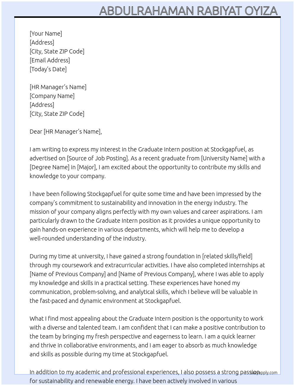 Graduate intern  At Stockgapfuel  Cover Letter